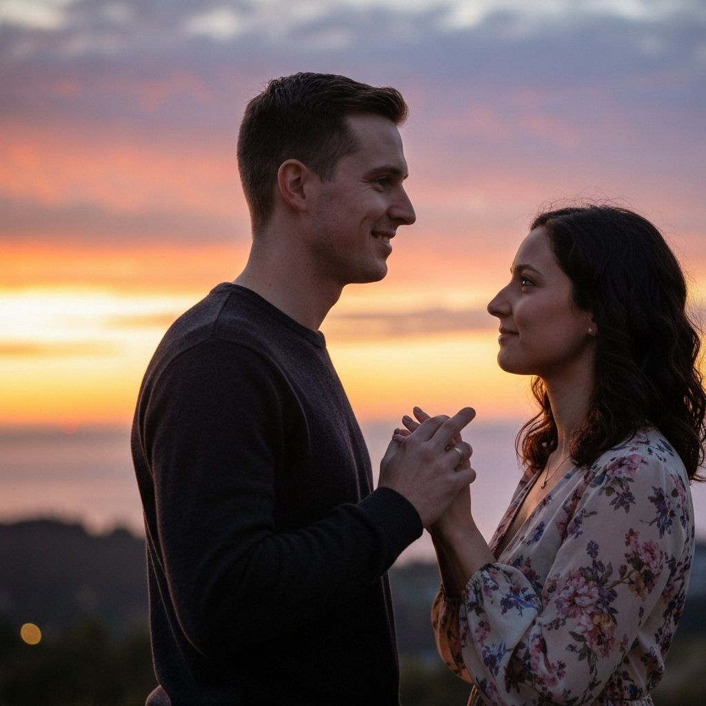Couple holding hands at sunset showing intimate connection